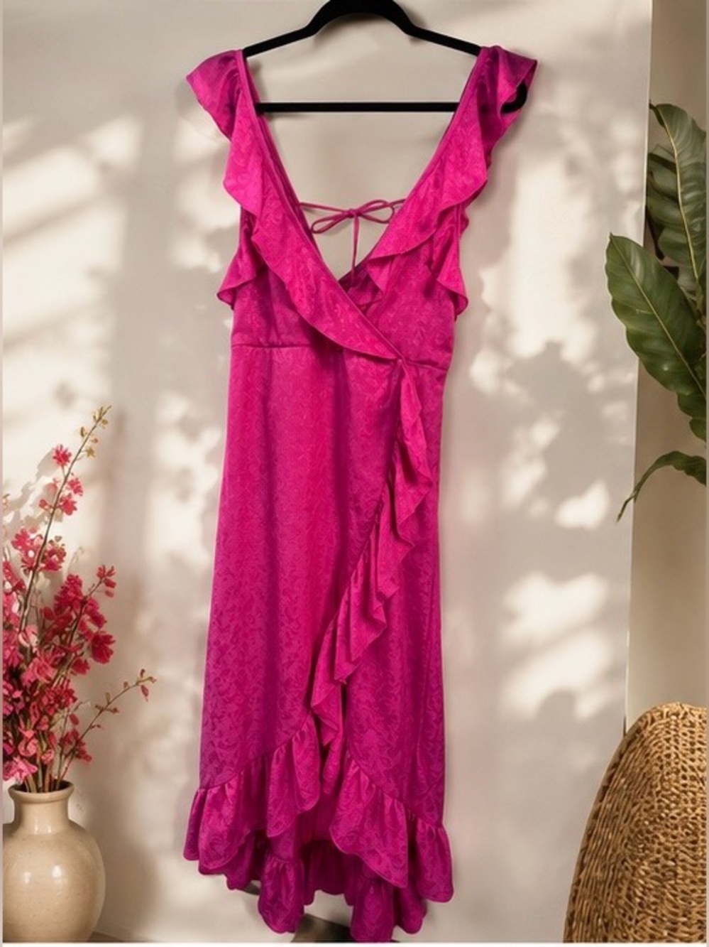 Topshop Hot Pink Floral Jacquard Ruffle Wrap Midi Dress US 8 Open Back A32